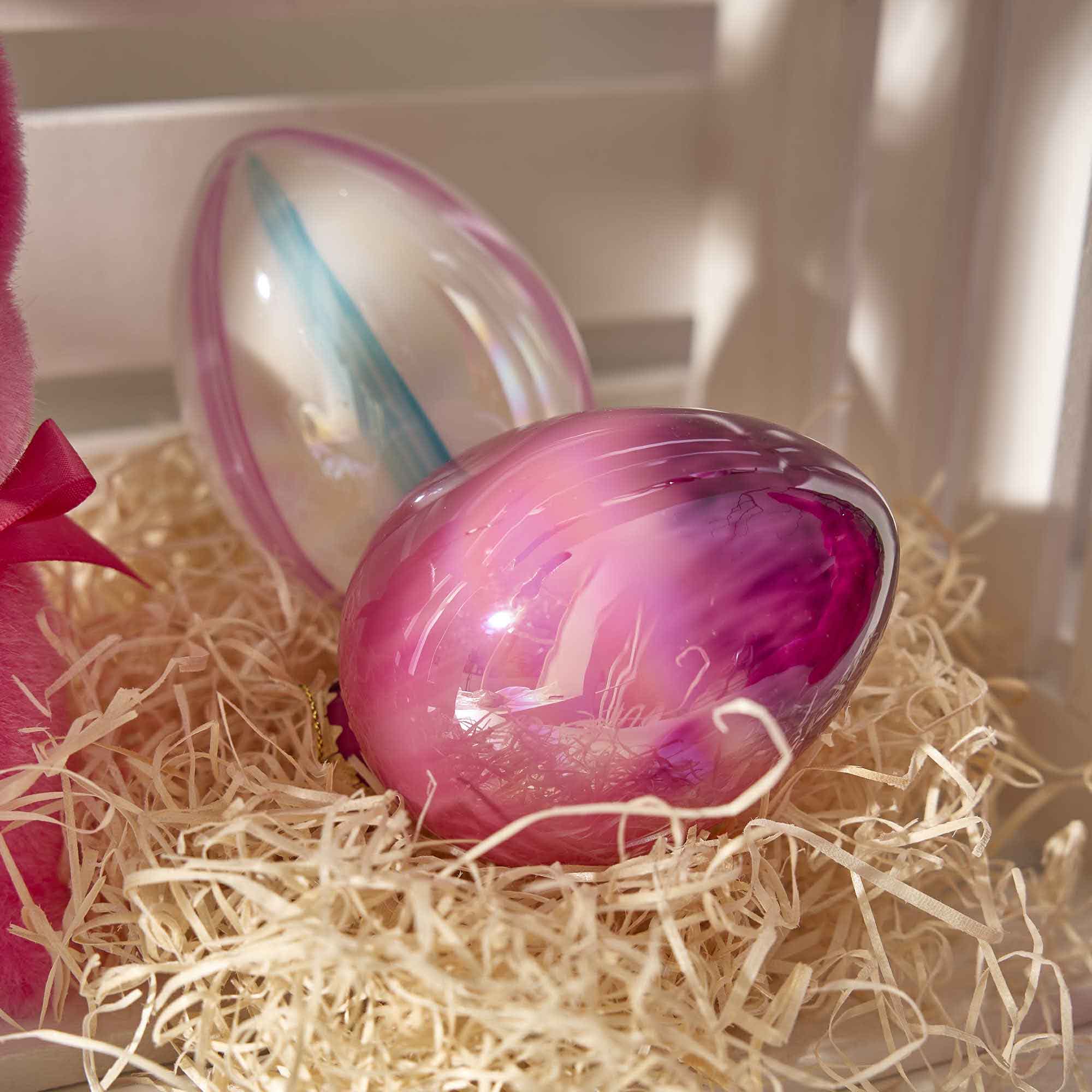 Anhänger Glas-Ei, Batik, opal/quer/pink/lila, 7 x 10 cm