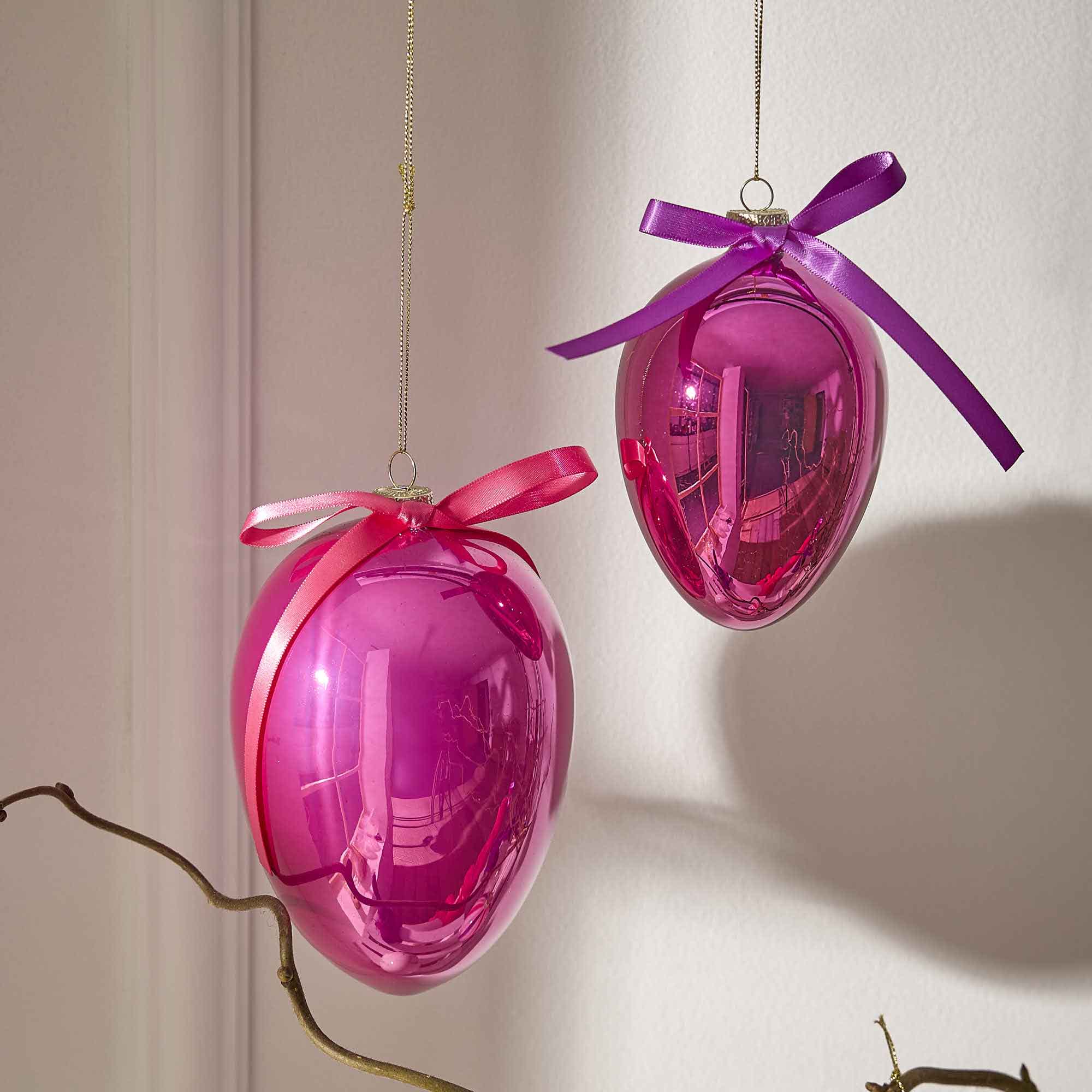 Anhänger Glas-Ei mit Schleife, opal/pink, 11 x 15 cm