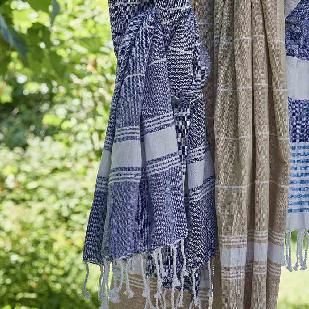 Badetuch Fransen, blau gestreift, dünn, 90 x 180 cm