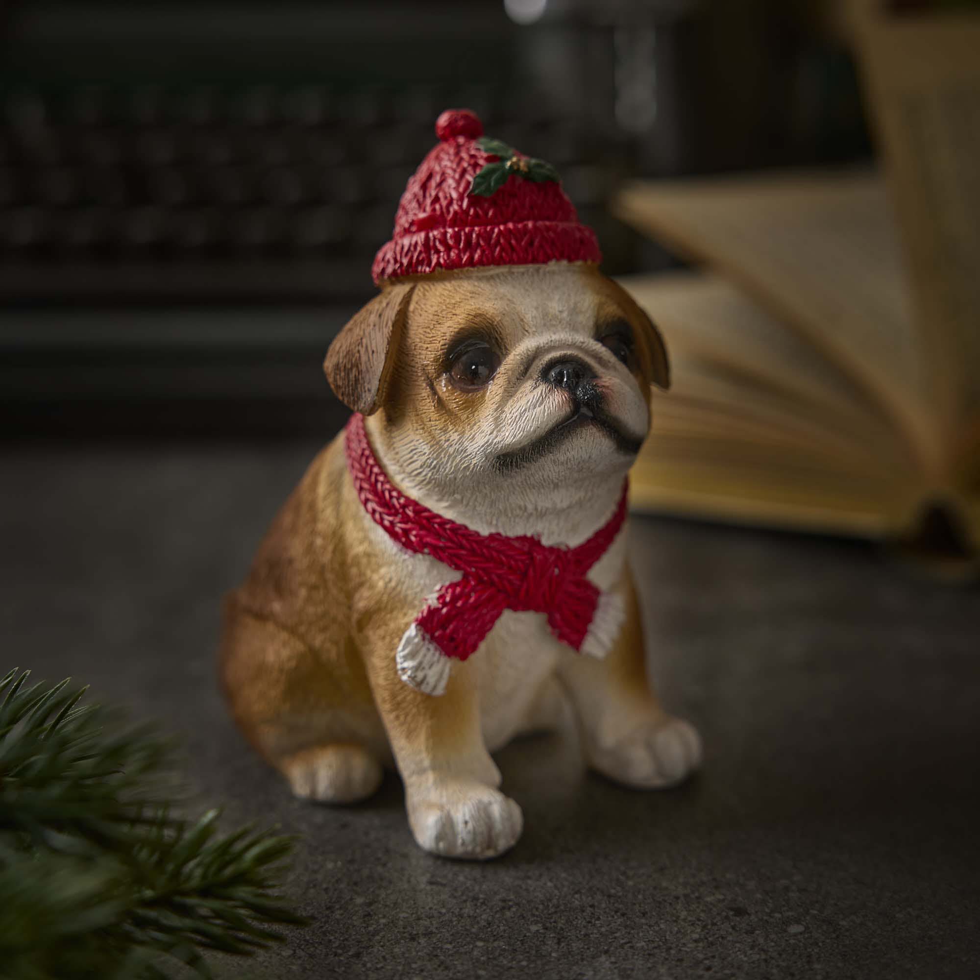 Weihnachtsfigur mit Mütze, Hund/braun, 11 x 13 cm