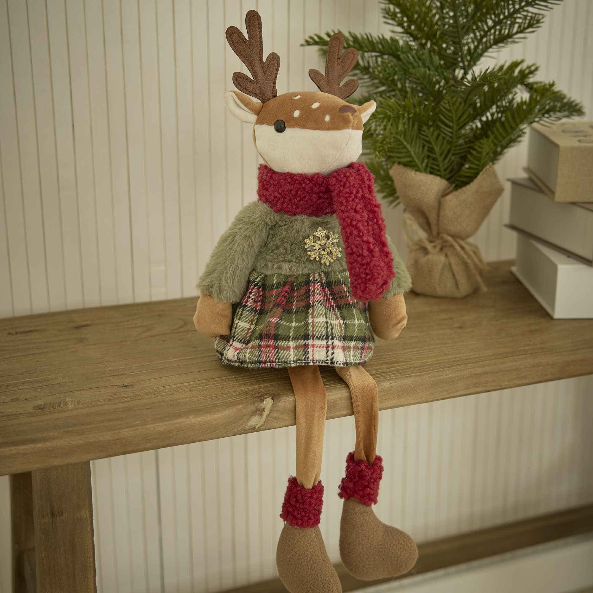 Rehkitz-Figur im Kleid, Karo/grün/rot, 42 cm