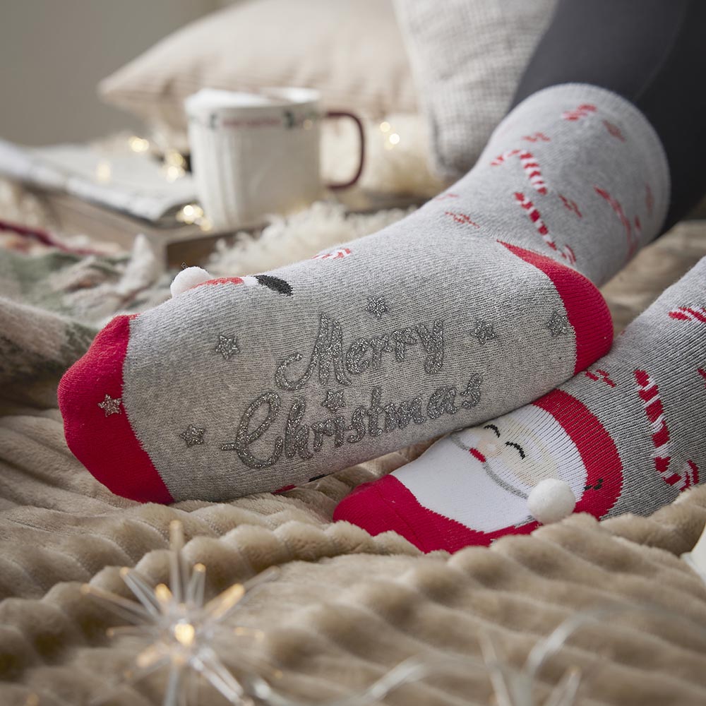 Anti-Rutschsocken Xmas, Santa hellgrau, Größe 36 - 41