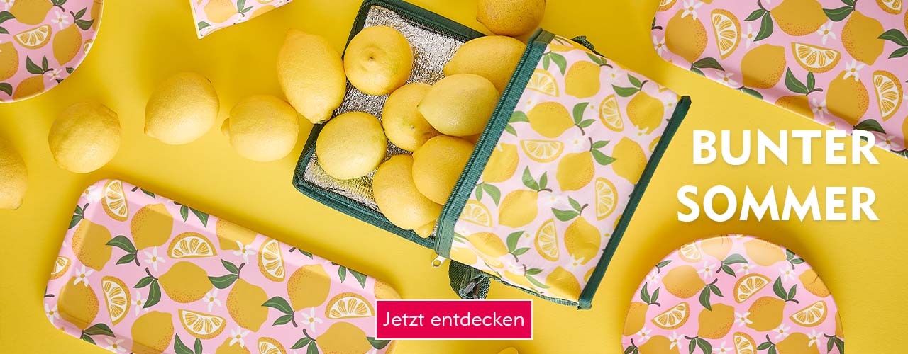 Entdecke Gartenparty-Utensilien bei Nanu-Nana Melamin-Geschirr und Kühltasche mit Zitronen-Design verlinkt auf die Kategorie Gartenparty