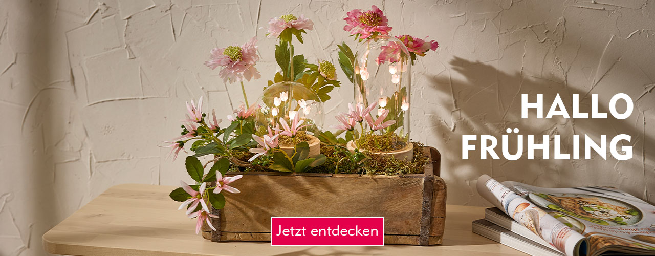 Entdecke Frühlingsdeko bei Nanu-Nana Holzschale mit rosafarbenen Kunstblumen und LED Beleuchtung verlinkt auf die Kategorie Frühling