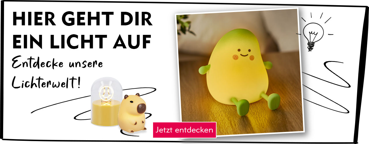Entdecke die Lichterwelt bei Nanu-Nana Eine leuchtende Mango mit Gesicht verlinkt auf Lichterwelt