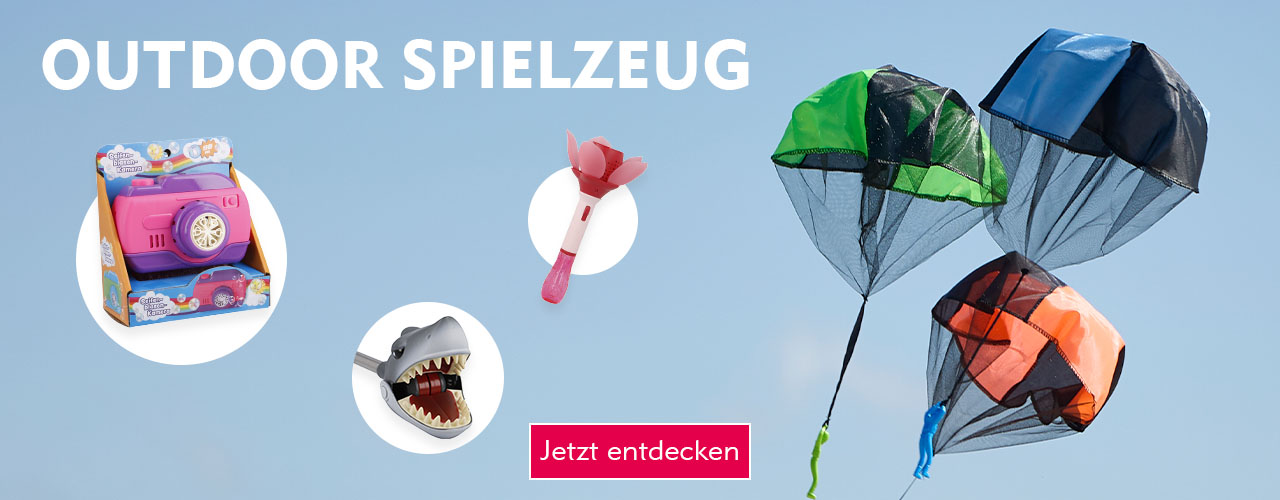 Entdecke Spielzeug für draußen bei Nanu-Nana Bunte Spielzeug-Fallschirmspringer vor blauem Himmel verlinkt auf die Kategorie Spielzeug für draußen