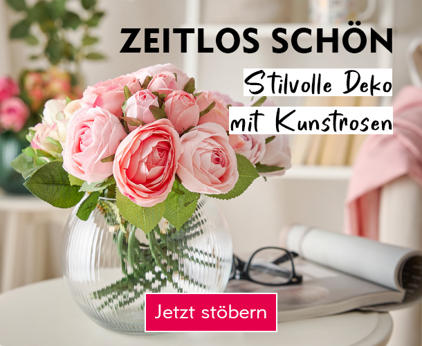 Entdecke Rosendeko bei Nanu-Nana Ein künstlicher Rosenstrauß in einer runden Glasvase verlinkt auf Rosendeko