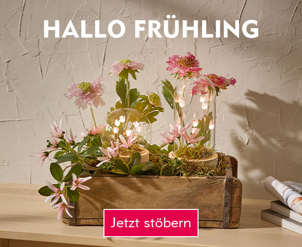 Fr&uuml;hlingsdeko mit Kunstblumen und LED-Objekt in Holzschale verlinkt auf die Kategorie Fr&uuml;hling