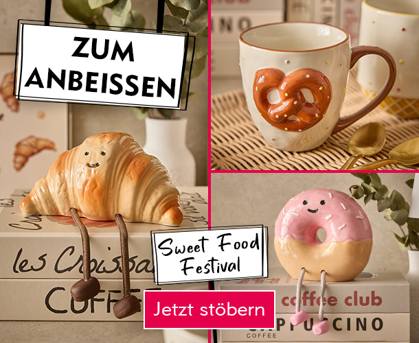 Entdecke Sweet Food Festival bei Nanu-Nana Eine Kollage aus verschiedenen Sweet Food Festival Produkten verlinkt auf die Kategorie Frühstück