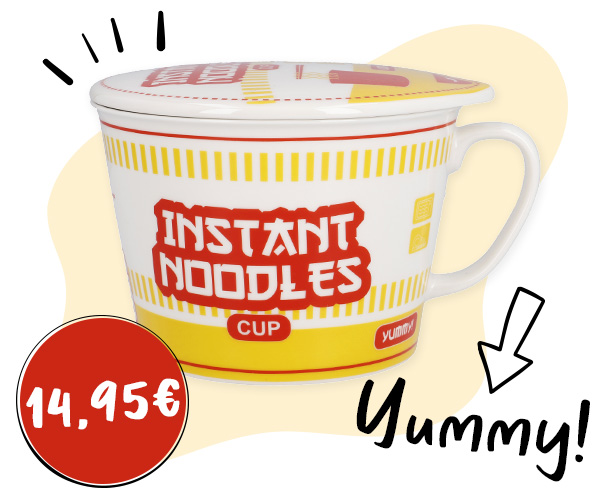 Große Keramiktasse mit Deckel und Aufschrift Instant Noodles verlinkt auf Schale Nudeln mit Deckel und Stäbchen
