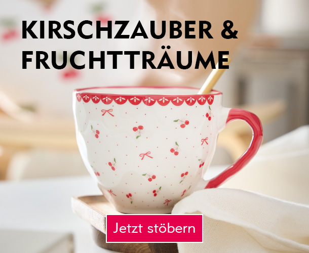 Eine gro&szlig;e XXL-Tasse mit Kirschen- und Schleifenmotiv verlinkt auf die Kategorie Fruchtige Deko