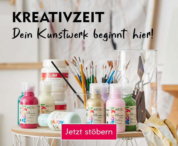 Entdecke Malereibedarf bei Nanu-Nana Acrylfarbe und Pinsel auf einem Tisch verlinkt auf die Kategorie Malereibedarf