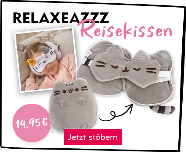 Ein Reisekissen mit Schlafmaske in grauem Katzenmotiv verlinkt auf die Suche Relaxeazzz