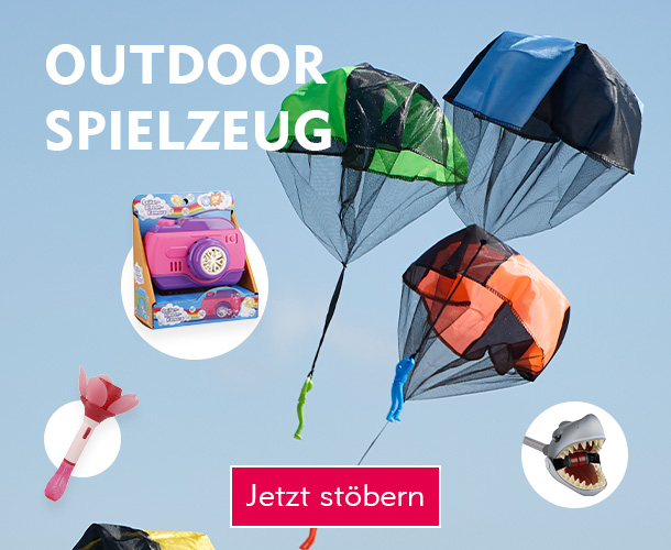 Entdecke Outdoor Spielzeug bei Nanu-Nana Bunte Spielzeug-Fallschirmspringer vor blauem Himmel verlinkt auf die Kategorie Spielzeug für draußen