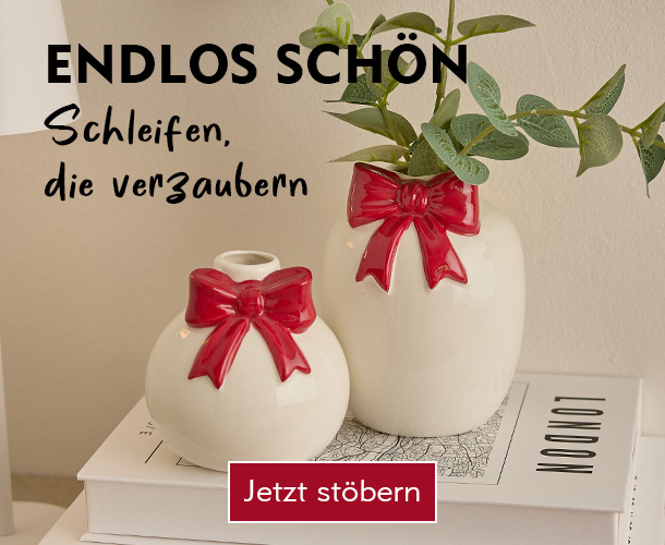 Entdecke Deko mit Schleifen bei Nanu-Nana Weiße Keramik Vasen mit roter Schleife verlinkt auf die Suche Schleifen