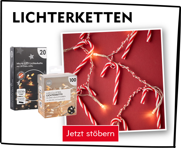 Zuckerstangen-Lichterkette auf rotem Grund verlinkt auf die Kategorie Lichterketten