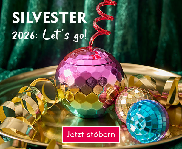 Shoppe für die Silvesterparty bei Nanu-Nana Schriftzug: Silvester 2026: Let's go / Bunter Trinkbecher und Discokugel-Anhänger