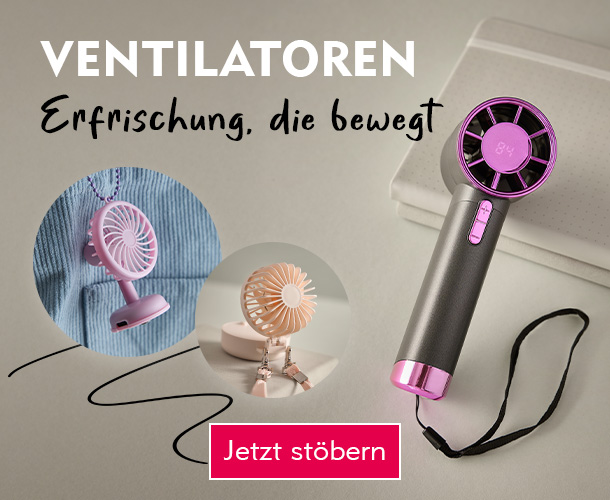 Entdecke Ventilatoren bei Nanu-Nana Ein schwarz-pinker Hand-Ventilator verlinkt auf die Kategorie Ventilatoren