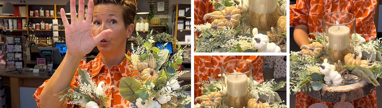Herbstdeko mit LED-Kerze wird präsentiert