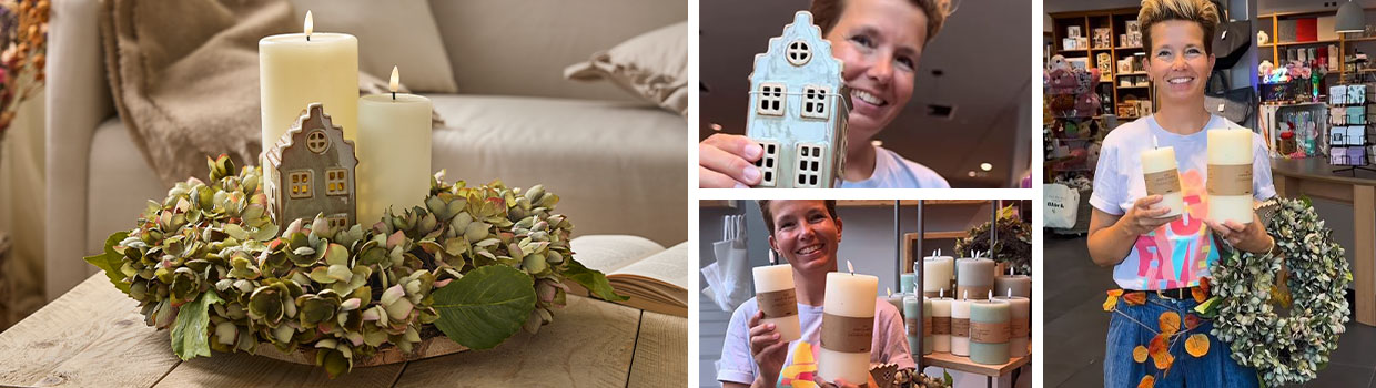 Herbstliche Deko mit Hortensienkranz, LED-Haus und LED-Kerzen wird präsentiert