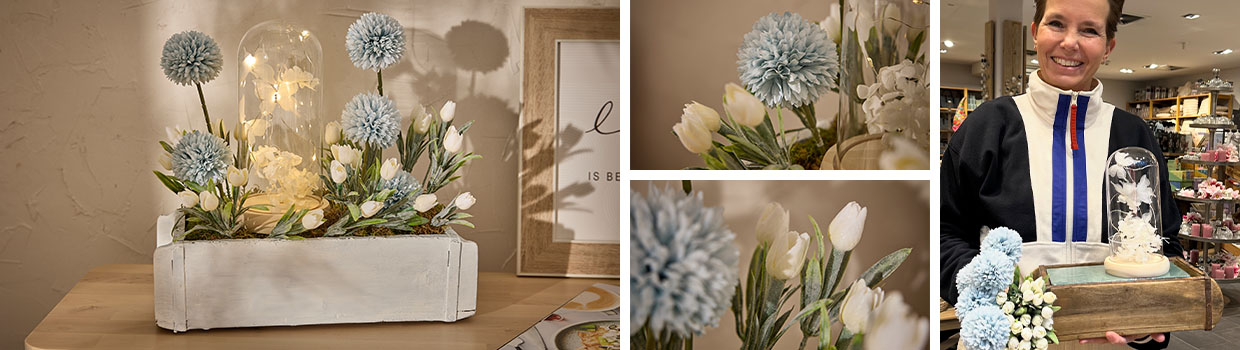 Blau-wei&szlig;e Fr&uuml;hlingsdeko wird pr&auml;sentiert