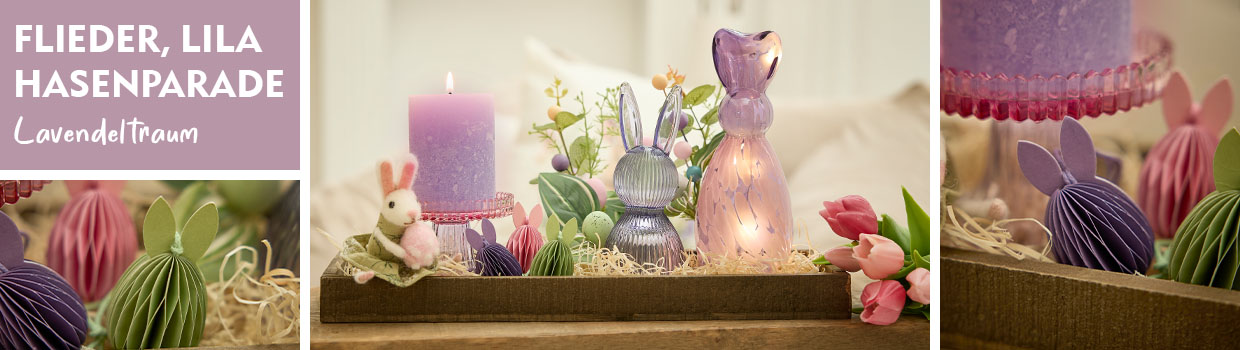 Fliederfarbene Osterdeko mit LED-Hase wird pr&auml;sentiert