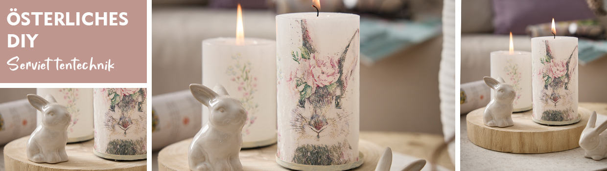 Zwei wei&szlig;e Kerzen mit &ouml;sterlichen Servietten ausgestattet wird pr&auml;sentiert